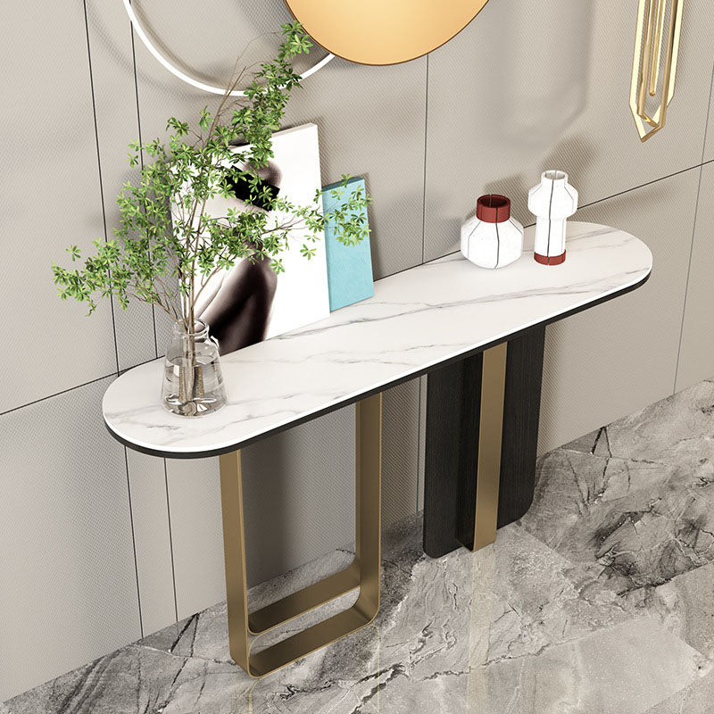 Glam Metal Console Sofa Table Oval Stone Console Accent Table for Hall