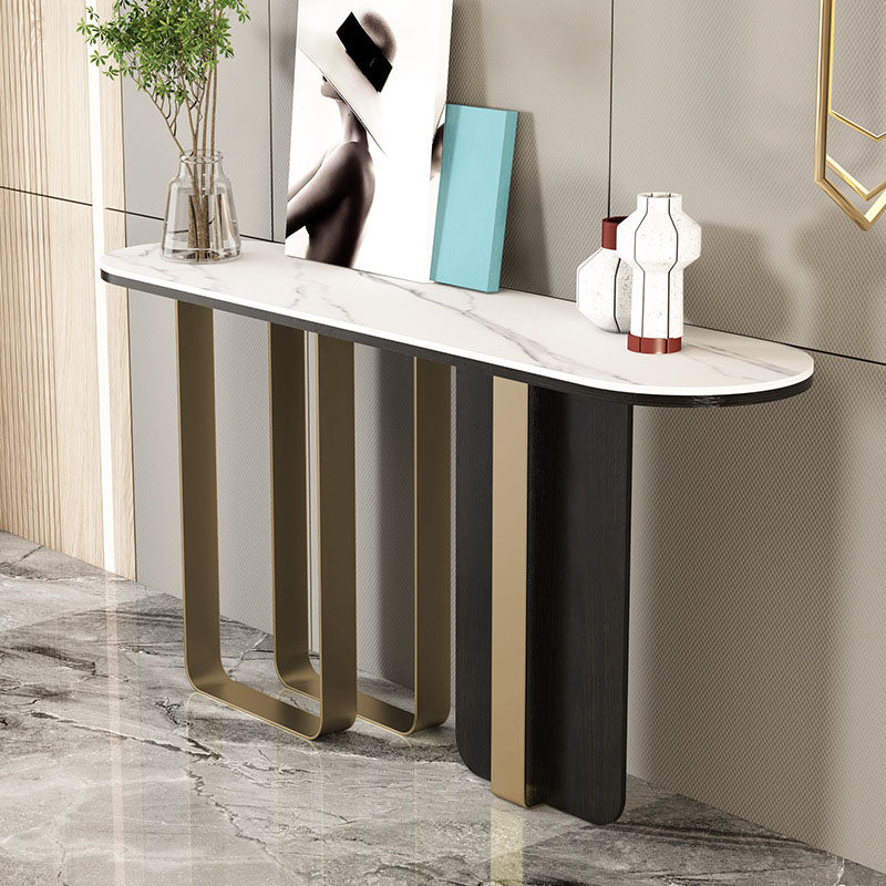 Glam Metal Console Sofa Table Oval Stone Console Accent Table for Hall