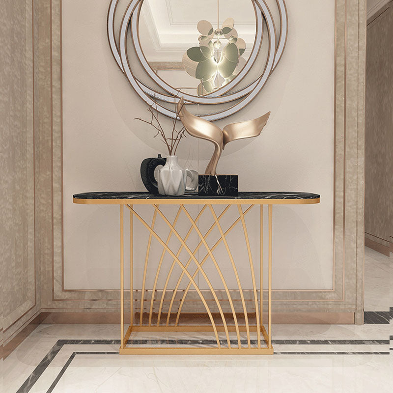 Glam Iron Console Sofa Table Oval Marble Console Accent Table for Hall