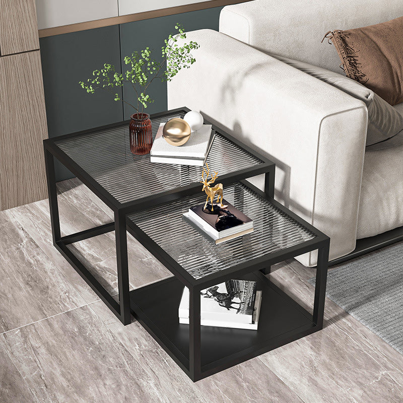 Contemporary Square Nesting Coffee Table Set with Glass Top and Iron Base