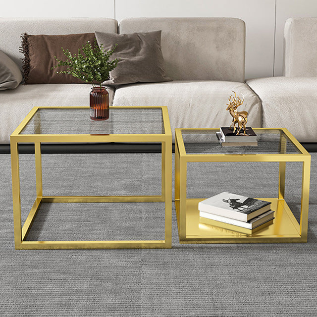 Contemporary Square Nesting Coffee Table Set with Glass Top and Iron Base
