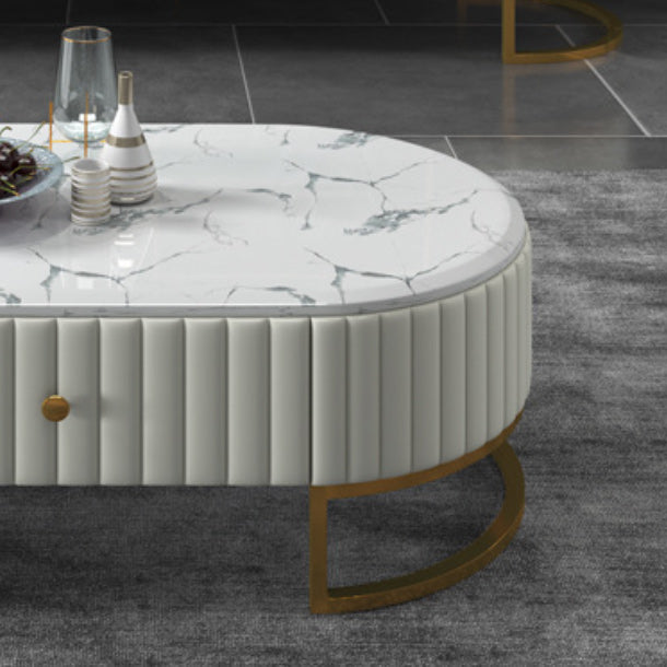 Glam Style Oval Coffee Table with 1 Drawer and Stone Top and Iron Base