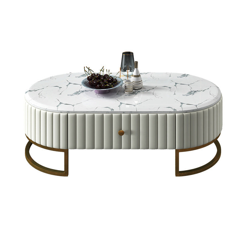Glam Style Oval Coffee Table with 1 Drawer and Stone Top and Iron Base