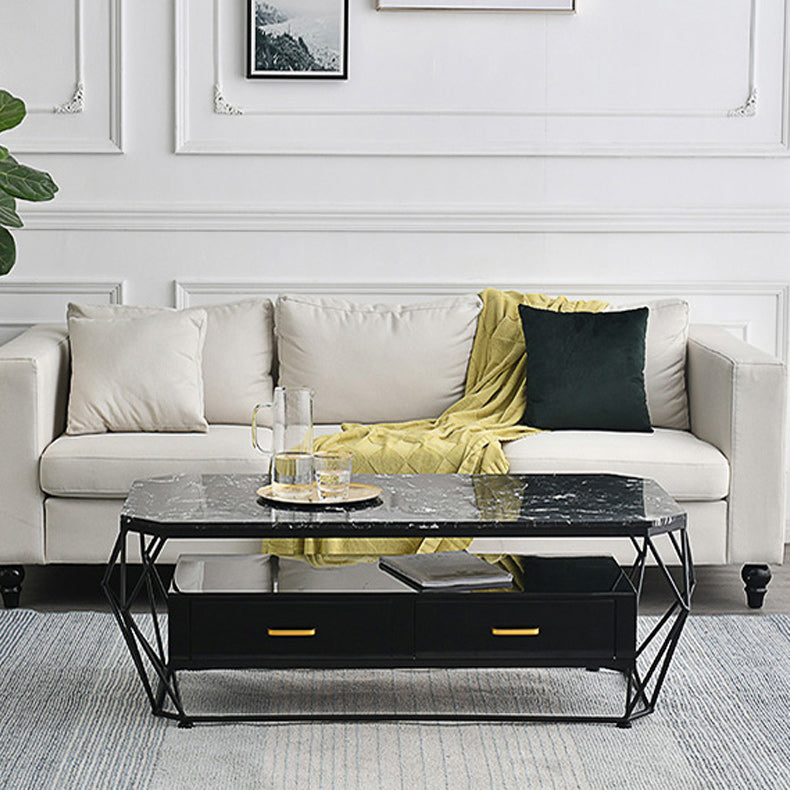 Modern Frame Coffee Cocktail Table Rectangular Glass Top Cocktail Table with Drawer