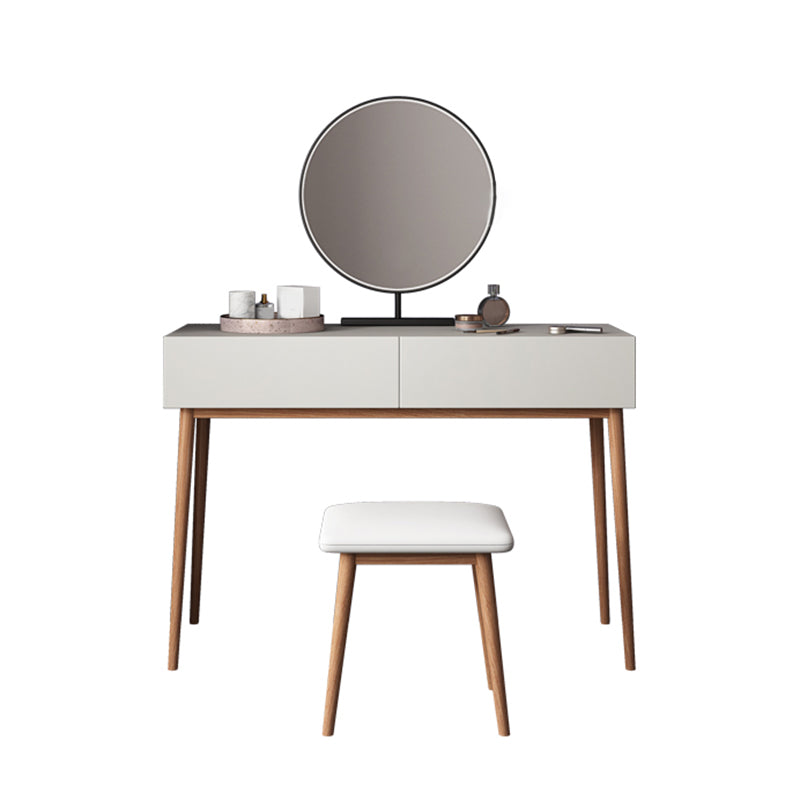Contemporary Vanity Table and Stool Set With Mirror, Wood Makeup Vanity Set