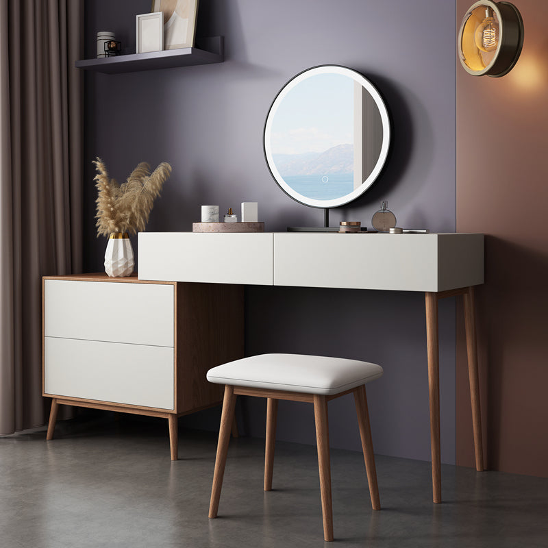 Contemporary Vanity Table and Stool Set With Mirror, Wood Makeup Vanity Set