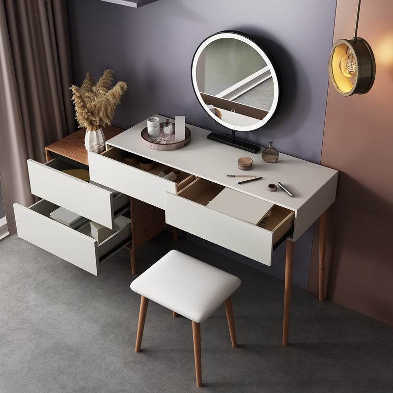 Contemporary Vanity Table and Stool Set With Mirror, Wood Makeup Vanity Set