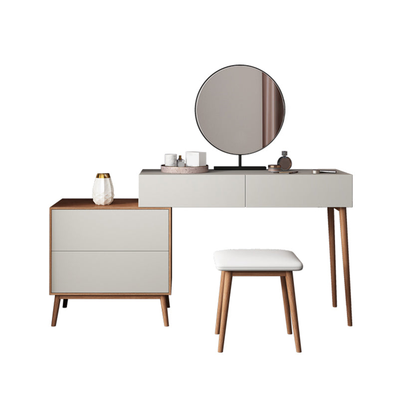 Contemporary Vanity Table and Stool Set With Mirror, Wood Makeup Vanity Set
