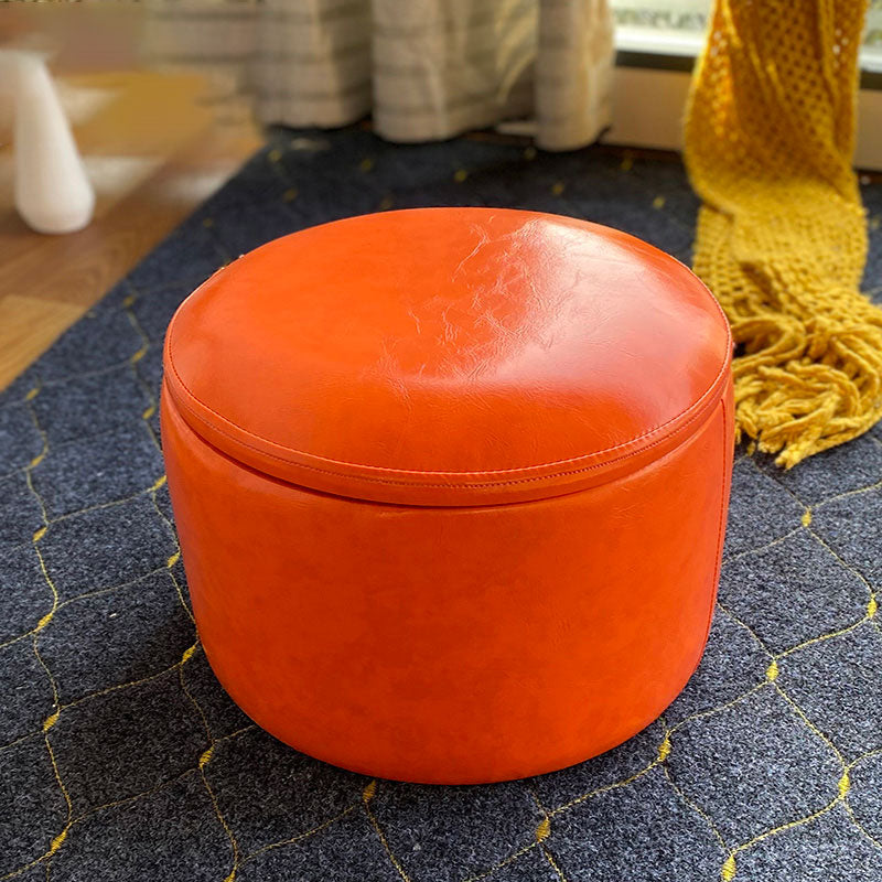 Faux Leather Ottoman Plain Round Stain Resistant Pouf Ottoman with Storage