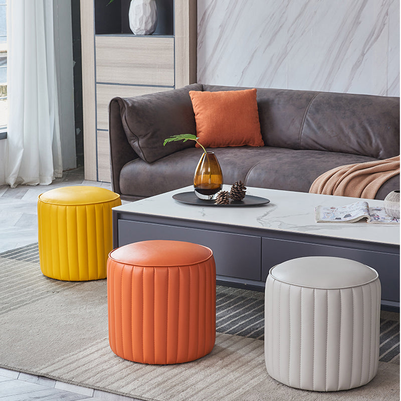 Orange Leather Solid Color Pouf Round Water Resistant Indoor Pouf