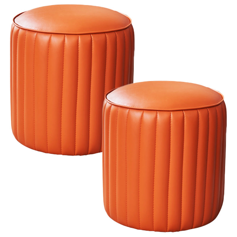 Orange Leather Solid Color Pouf Round Water Resistant Indoor Pouf