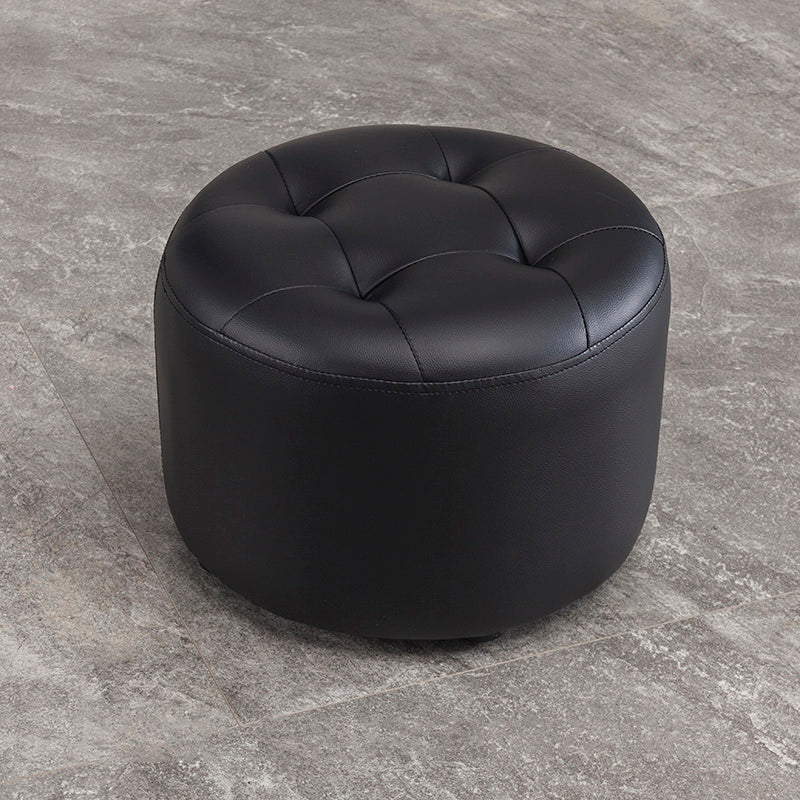 Modern Genuine Leather Ottoman Plain Tufted Detail Round Footstool Ottoman