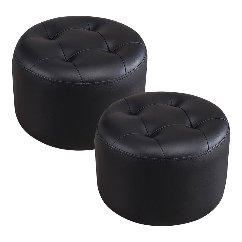 Modern Genuine Leather Ottoman Plain Tufted Detail Round Footstool Ottoman