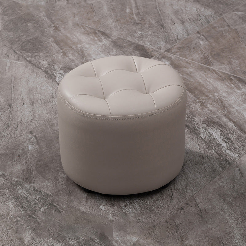 Modern Genuine Leather Ottoman Plain Tufted Detail Round Footstool Ottoman