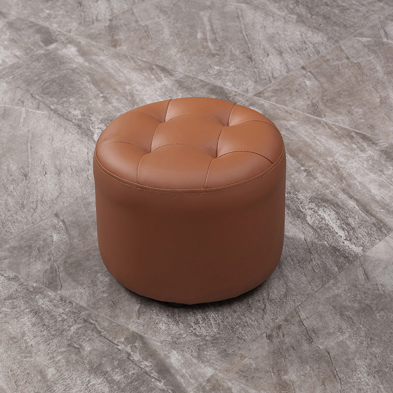 Modern Genuine Leather Ottoman Plain Tufted Detail Round Footstool Ottoman