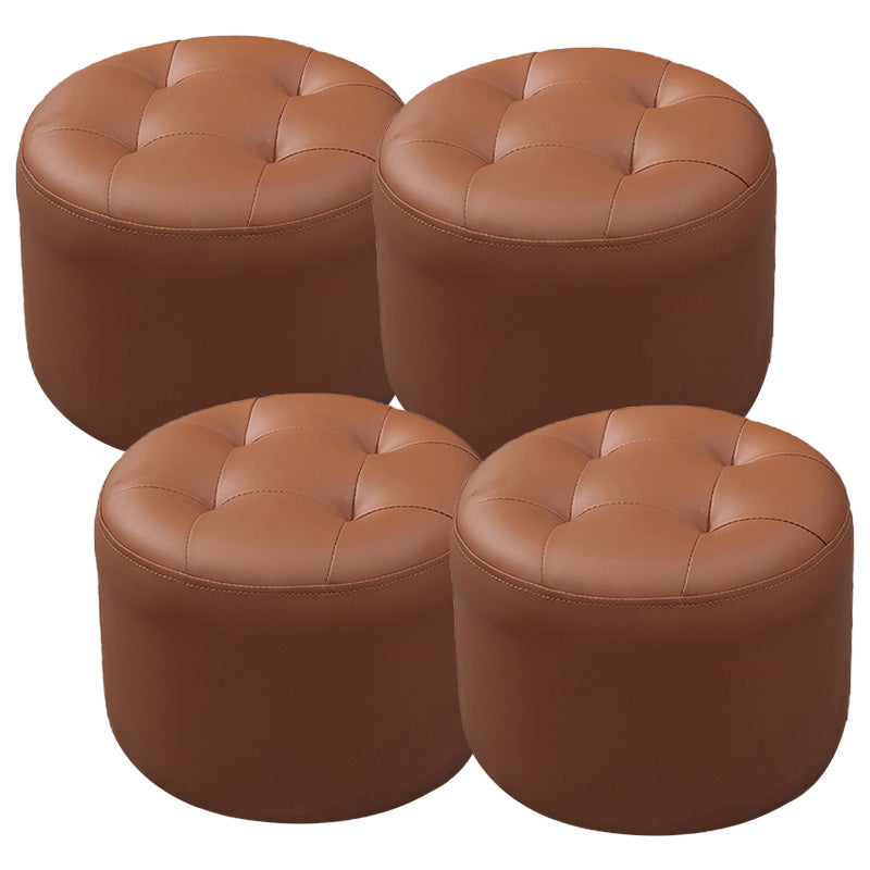 Modern Genuine Leather Ottoman Plain Tufted Detail Round Footstool Ottoman