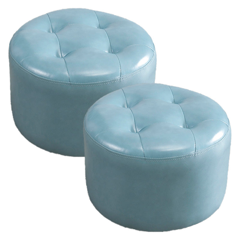 Modern Genuine Leather Ottoman Plain Tufted Detail Round Footstool Ottoman