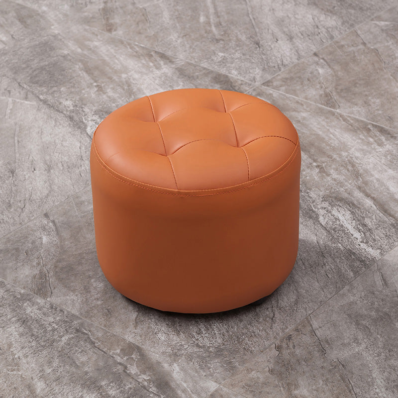 Modern Genuine Leather Ottoman Plain Tufted Detail Round Footstool Ottoman