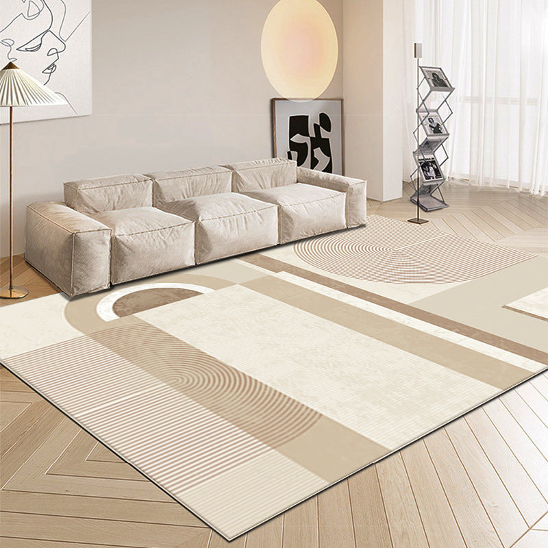 Rectangle Shape Rug Living Room Beige Tone Polyester Washable Area Rug