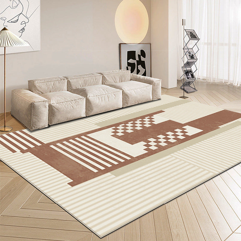 Rectangle Shape Rug Living Room Beige Tone Polyester Washable Area Rug