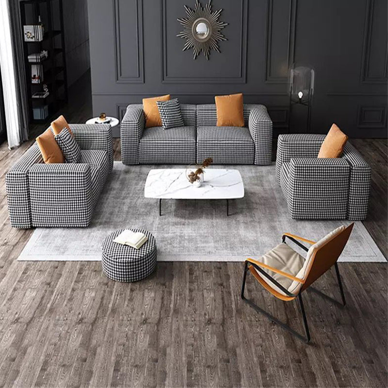 Fabric Modern Houndstooth Pattern Sofa Tuxedo Arm Sofa with Pillows