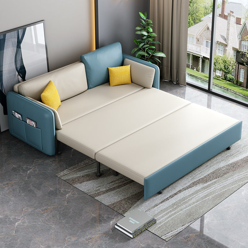 Faux Leather Sofa Bed Contemporary Square Arm Convertible Sofa in Blue