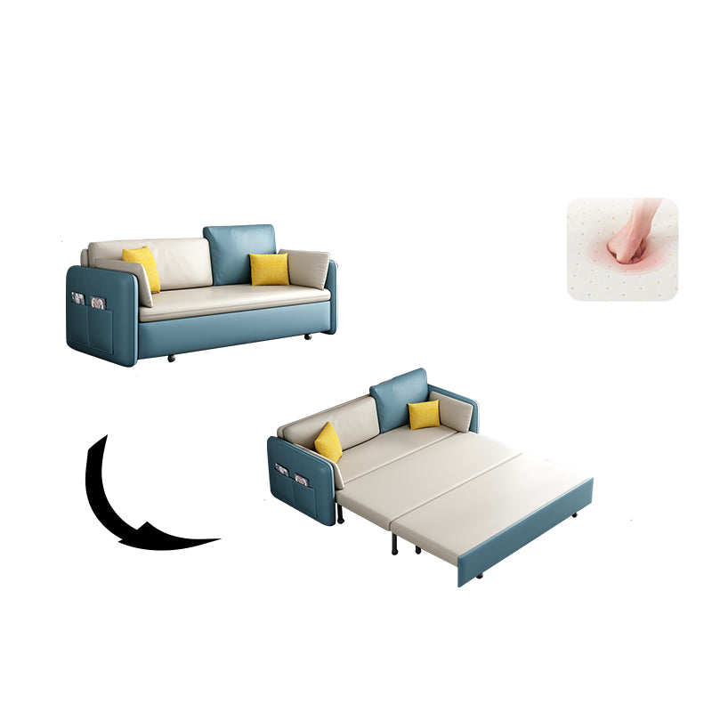 Faux Leather Sofa Bed Contemporary Square Arm Convertible Sofa in Blue