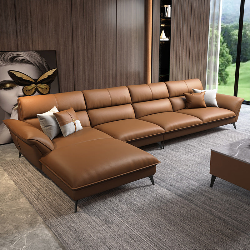 Glam Stationary Living Room Flared Arm Cushions Faux Leather Sofa Chaise