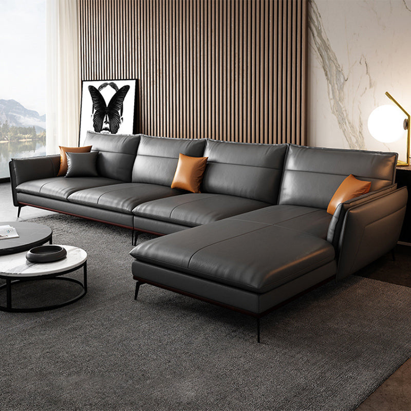 Contemporary Sofa Chaise Stationary Flared Arm Genuine Leather Sofa