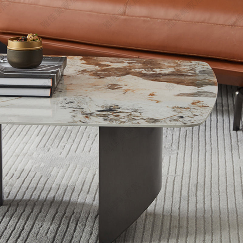 Stone Top Coffee Table with Black Metal Legs for Living Room