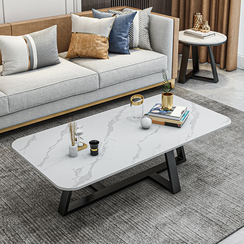Glam Rectangle Stone Top Coffee Table with Iron Cross Legs Coffee Table