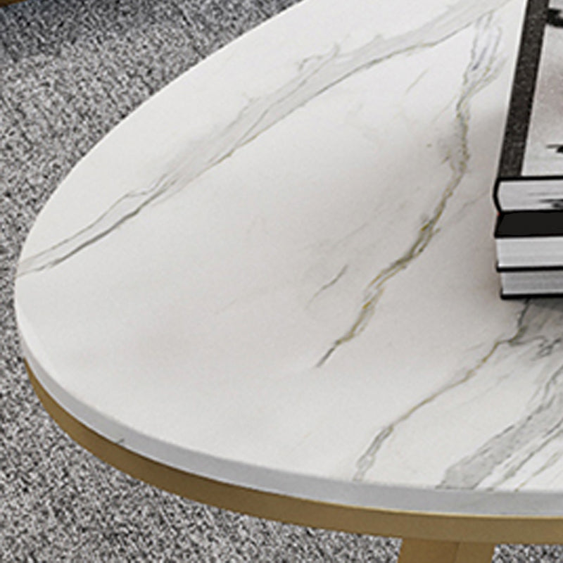 Oval Stone Top Coffee Table with Iron Cross Base Cocktail Table in White