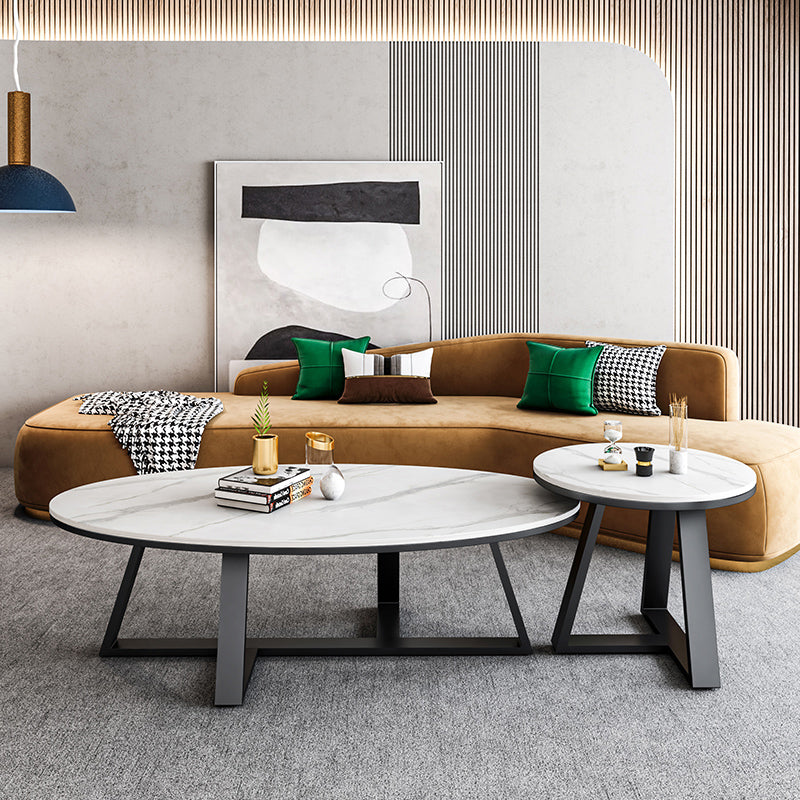 Oval Stone Top Coffee Table with Iron Cross Base Cocktail Table in White