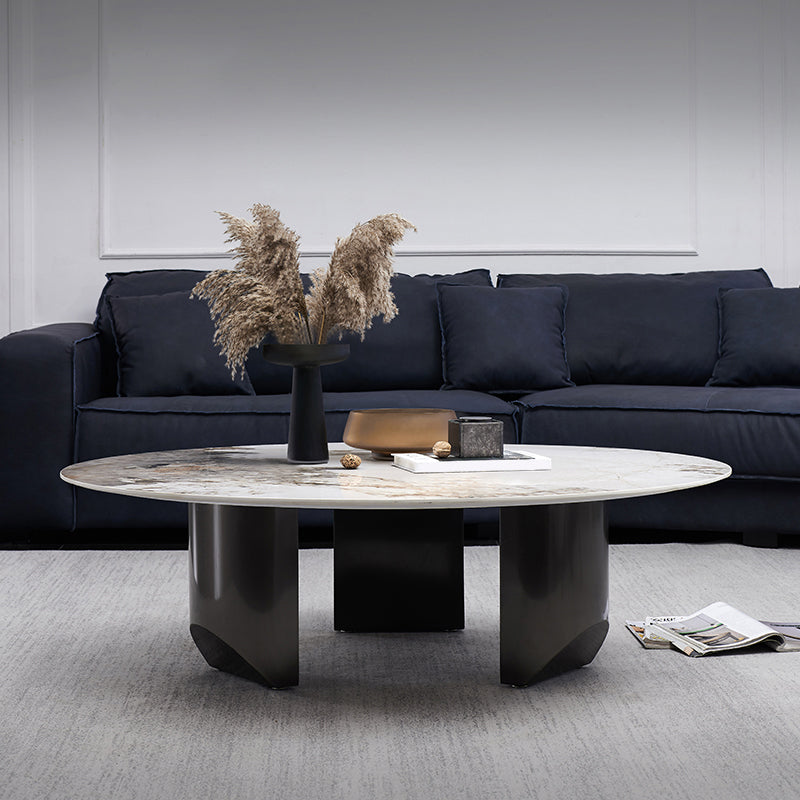 Stone Top Coffee Table with 3 Metal Legs 15.75 Inch High for Living Room