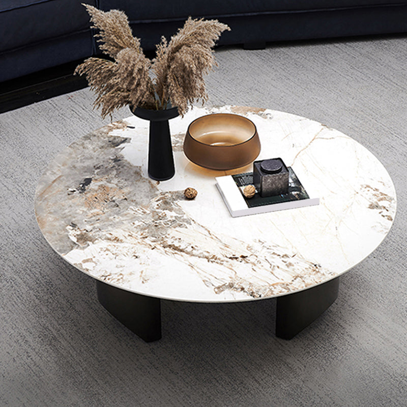Stone Top Coffee Table with 3 Metal Legs 15.75 Inch High for Living Room