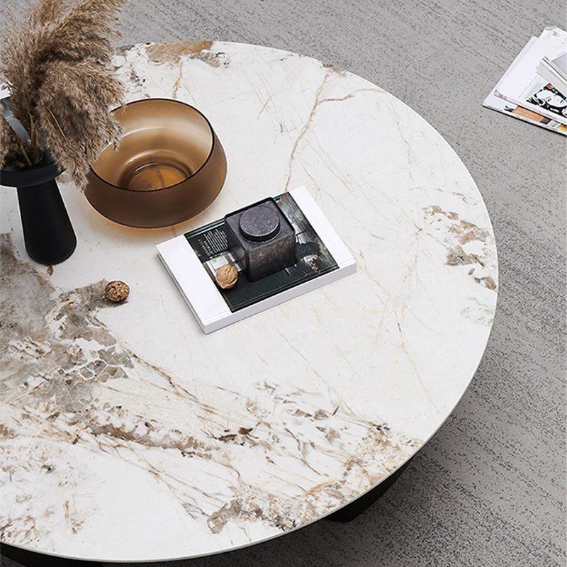 Stone Top Coffee Table with 3 Metal Legs 15.75 Inch High for Living Room
