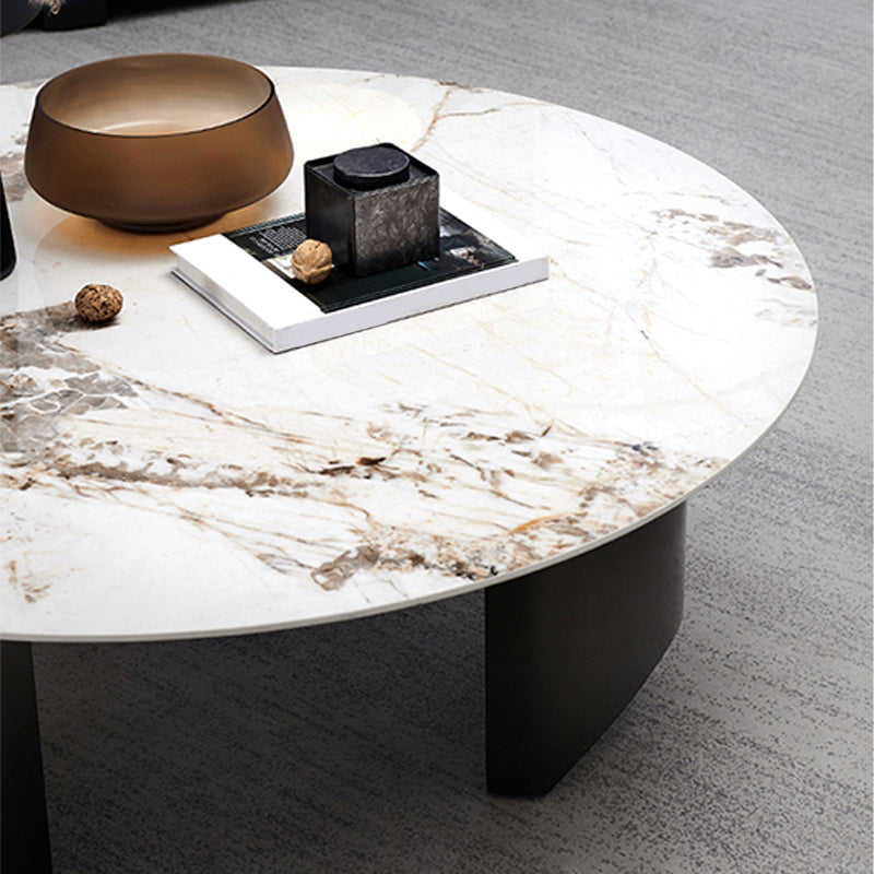 Stone Top Coffee Table with 3 Metal Legs 15.75 Inch High for Living Room