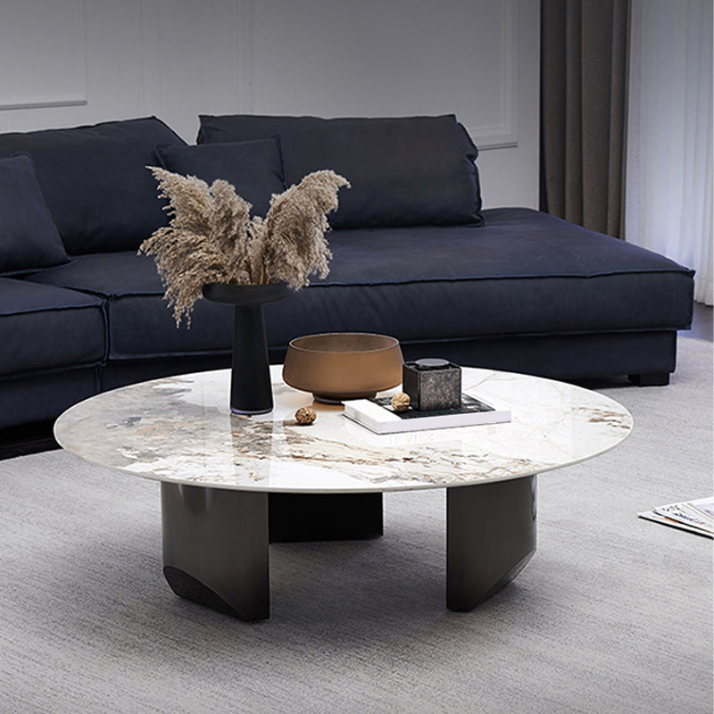 Stone Top Coffee Table with 3 Metal Legs 15.75 Inch High for Living Room