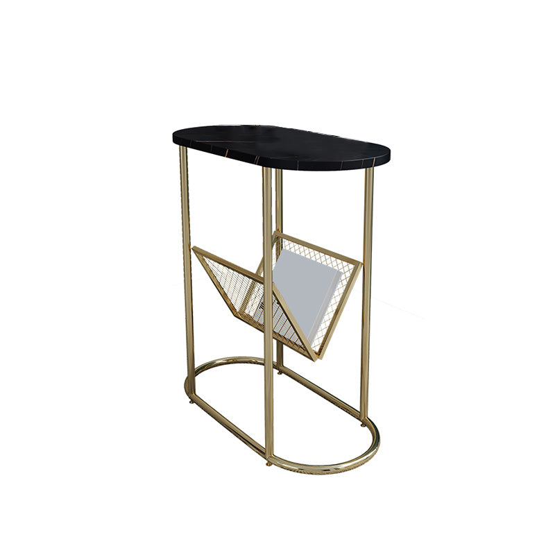 24.8" Tall Iron Frame Base End Table Oval Slate Top Side Table with Magazine Holder