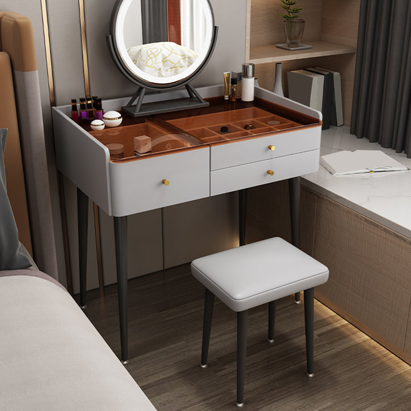 Modern Glass Top Makeup Vanity Table in Gray with Storage Drawers