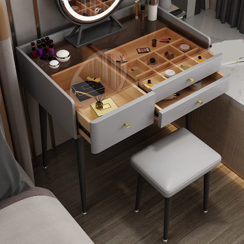 Modern Glass Top Makeup Vanity Table in Gray with Storage Drawers