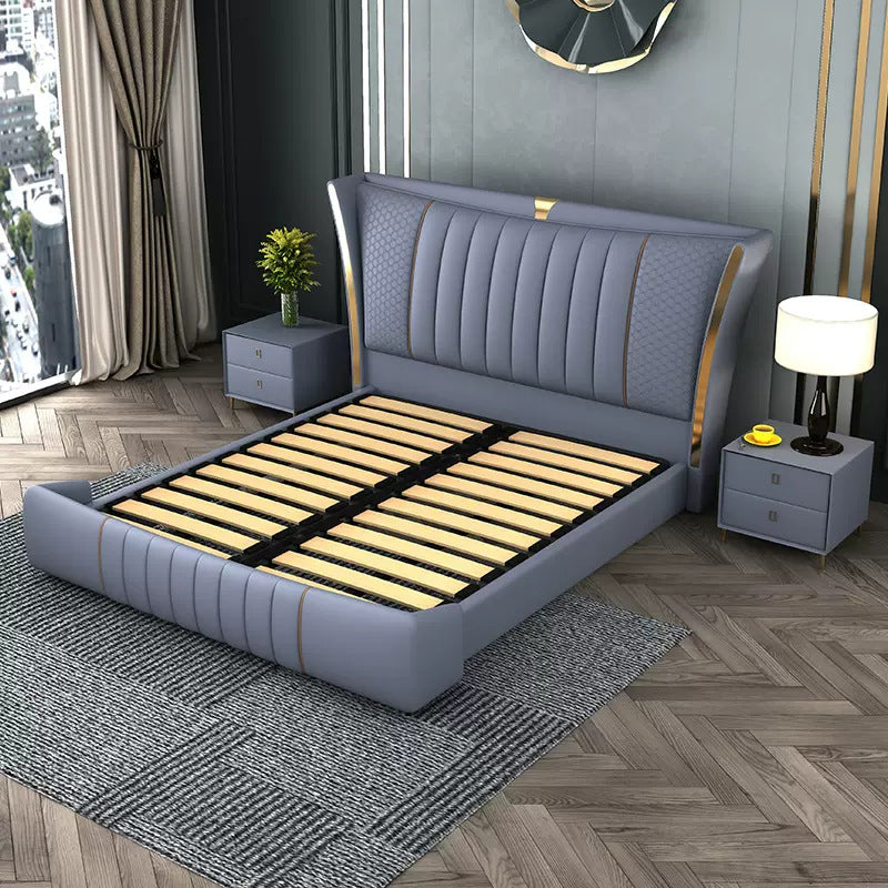 Glam Pine Wood Rectangular Wingback Upholstered Headboard Wingback Bed