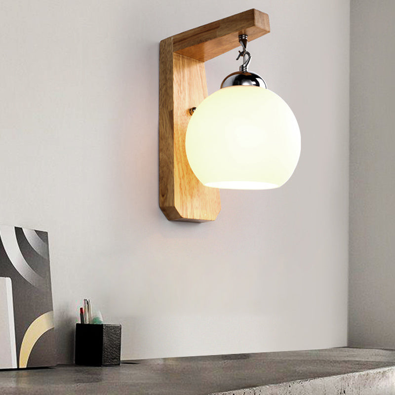 Nordic Wood Wall Light Globe 8" Wide Wall Sconce with White Glass for Living Room