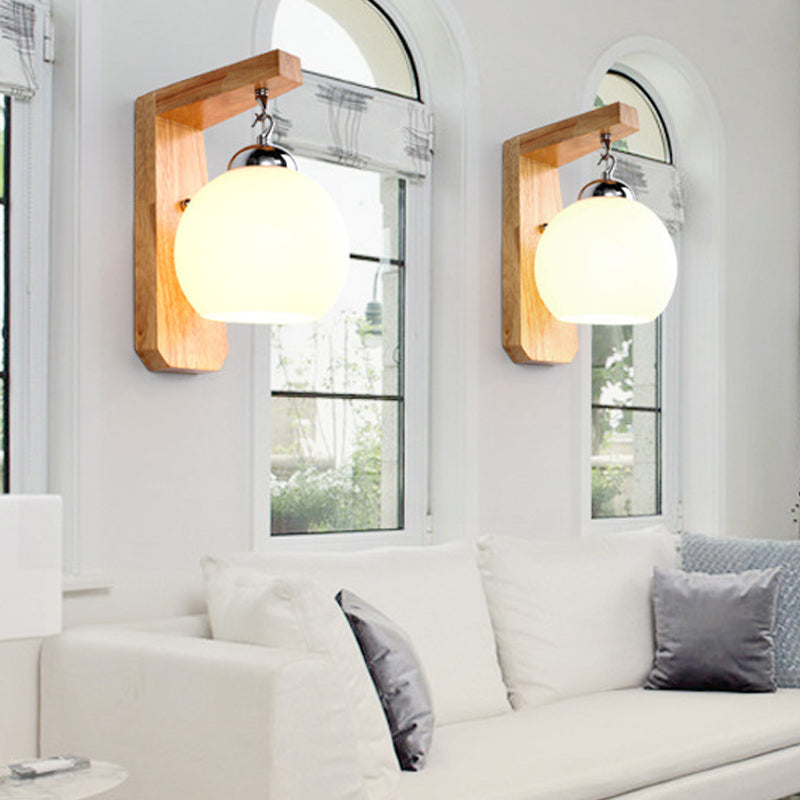 Nordic Wood Wall Light Globe 8" Wide Wall Sconce with White Glass for Living Room