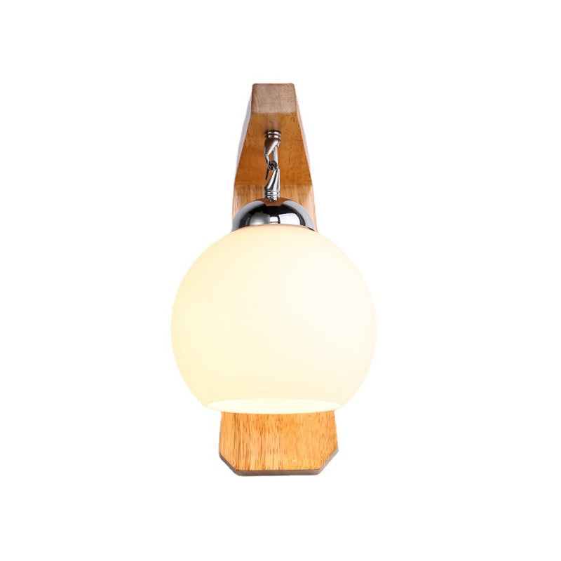Nordic Wood Wall Light Globe 8" Wide Wall Sconce with White Glass for Living Room