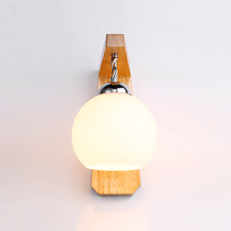 Nordic Wood Wall Light Globe 8" Wide Wall Sconce with White Glass for Living Room