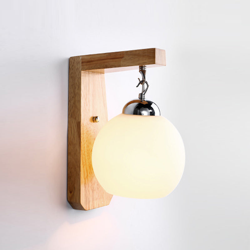 Nordic Wood Wall Light Globe 8" Wide Wall Sconce with White Glass for Living Room
