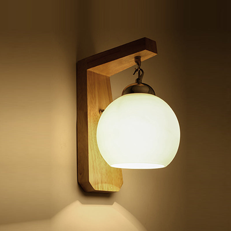 Nordic Wood Wall Light Globe 8" Wide Wall Sconce with White Glass for Living Room