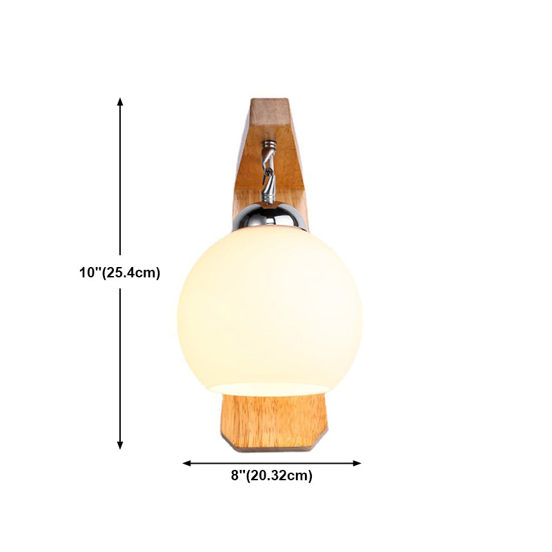 Nordic Wood Wall Light Globe 8" Wide Wall Sconce with White Glass for Living Room
