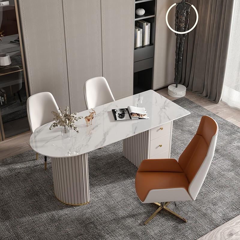 Beige Stone Writing Desk with Chrome Metal Base Office Desk Pedestal